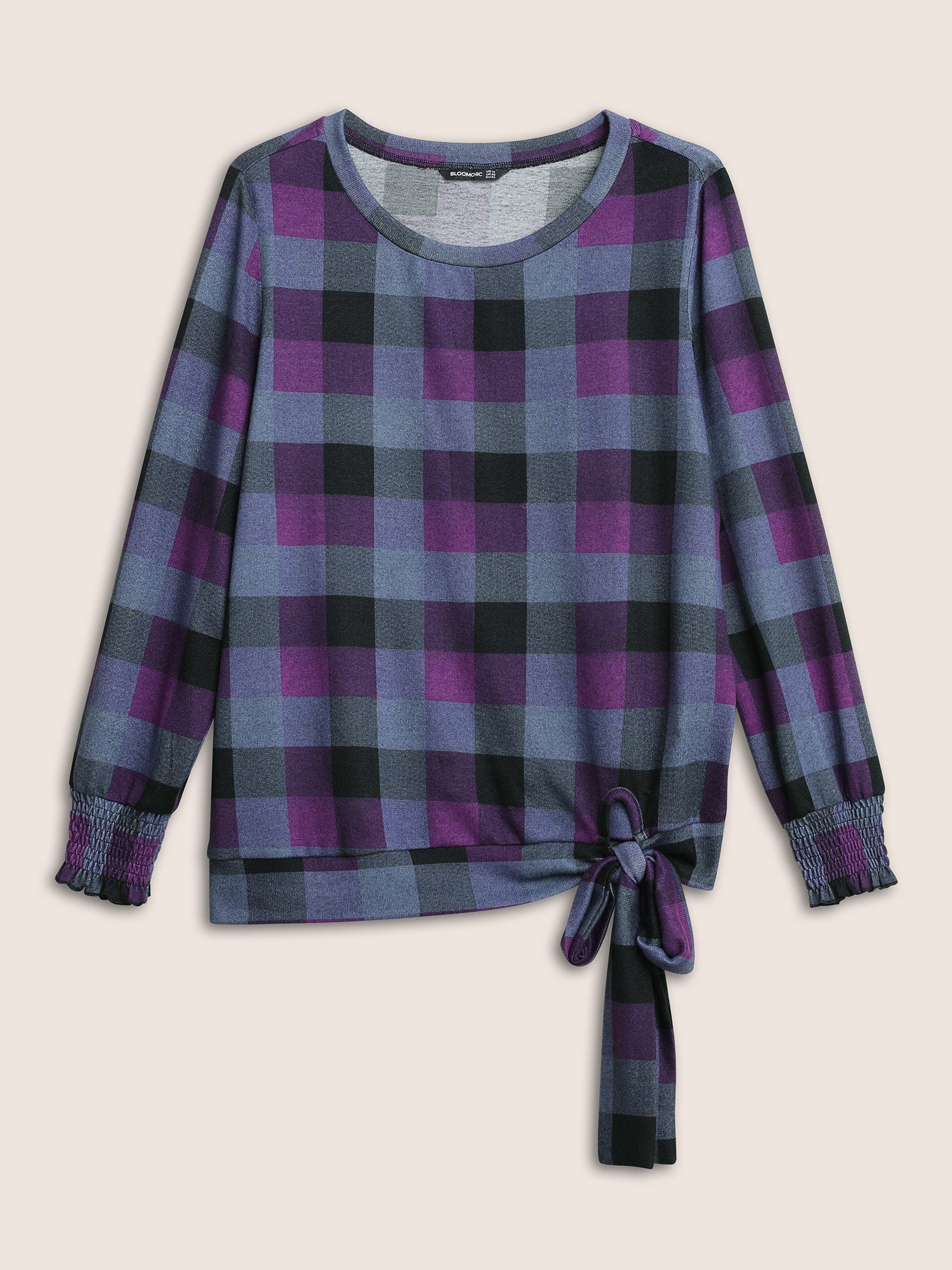 Plaid Shirred Cuffs Bowknot Detail T-shirt