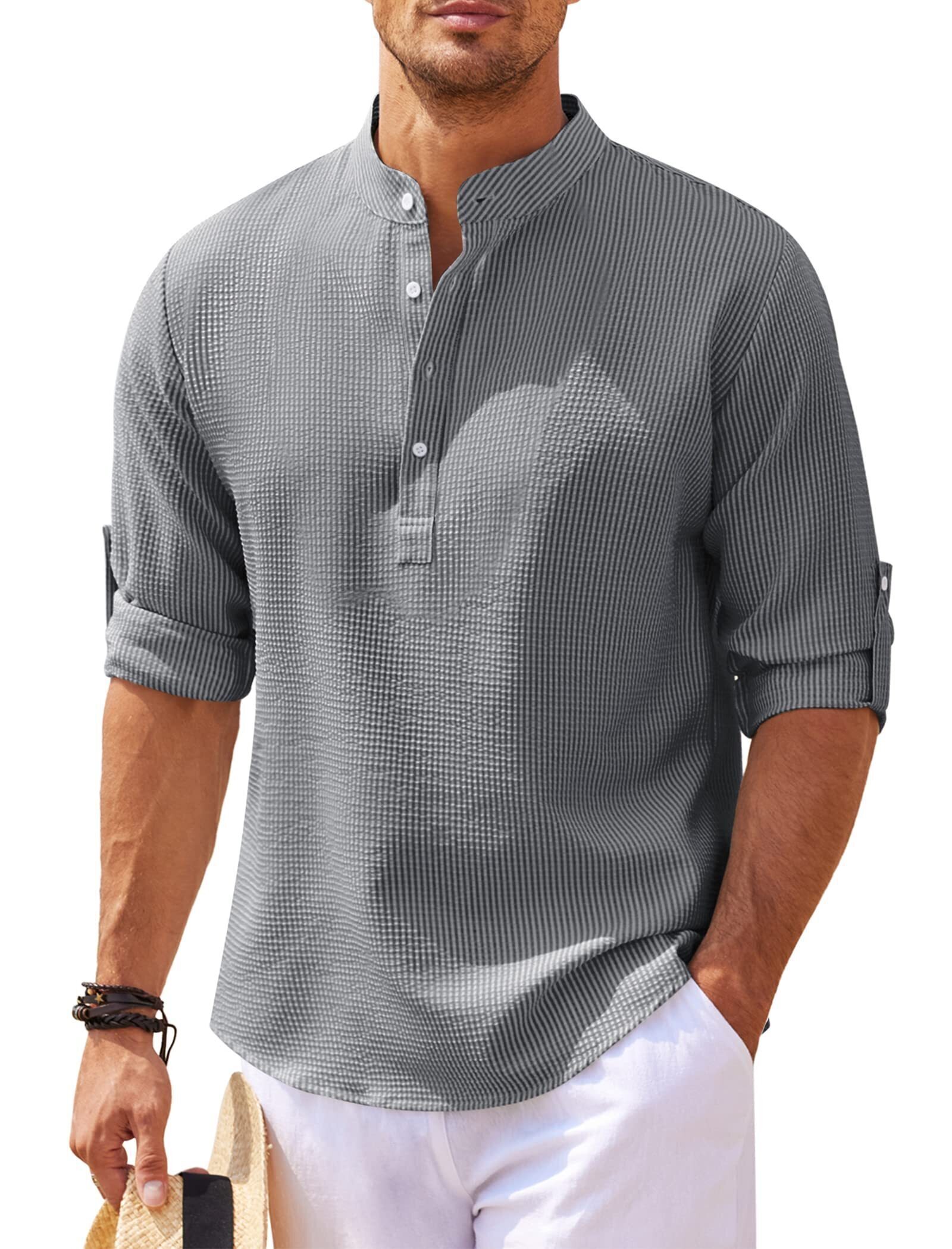 8-Pack Men's Linen Henley Shirt Long Sleeve Casual Hippie Cotton Beach T Shirts Vertical Striped Hawaiian Shirts