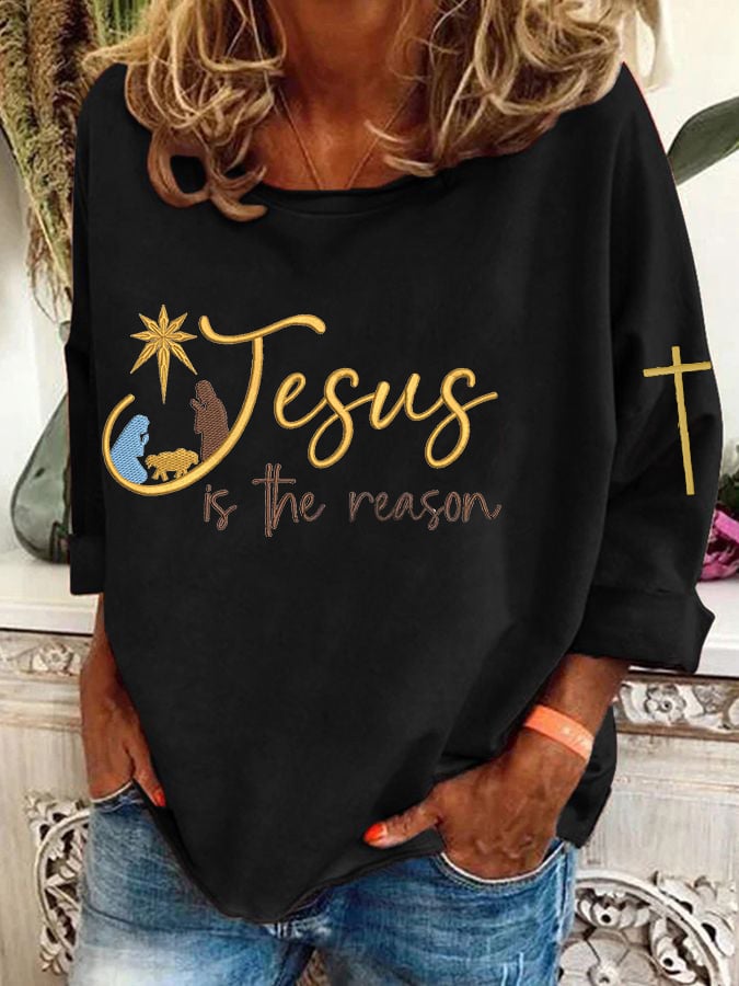 Women's Christmas Religious Jesus Is The Reason Cross Print T-Shirt