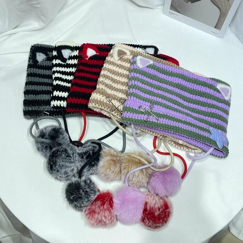 Japanese Style Cute Little Devil Cat Ear Fur Ball Wool Hat Women's Autumn And Winter Warm Small Face Ear Protection Knitted Hat