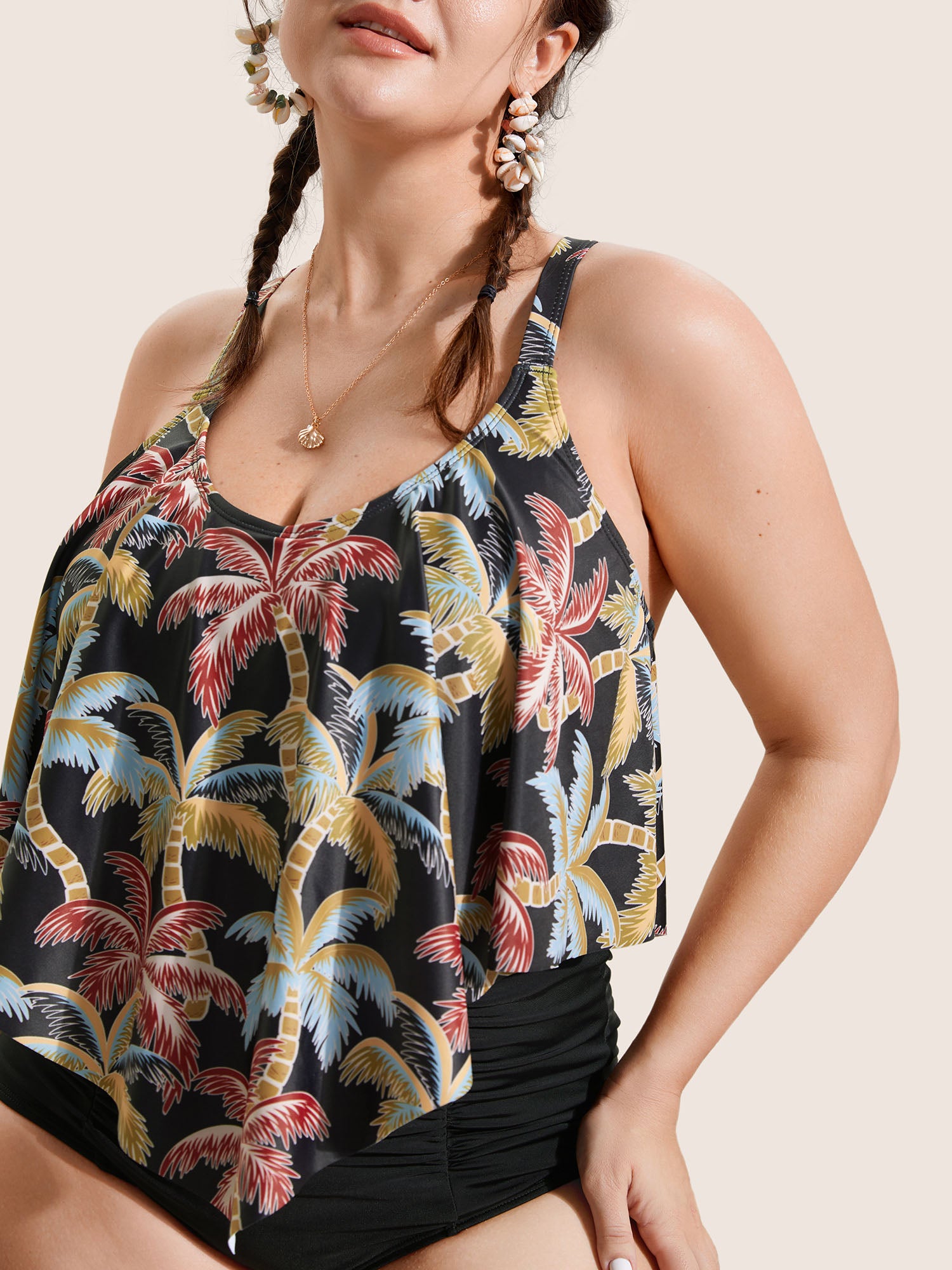 Tropical Coconut Tree Print Ruffle Trim Swim Top