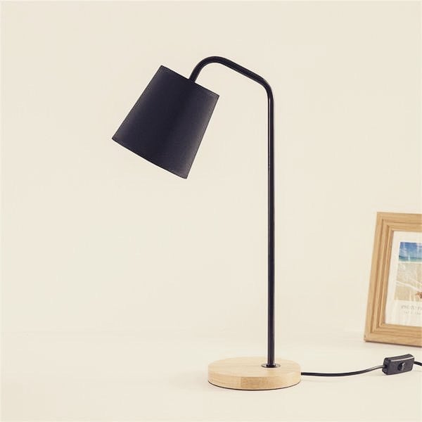 Scandinavian Table Lamp with Black Shade and Wooden Base