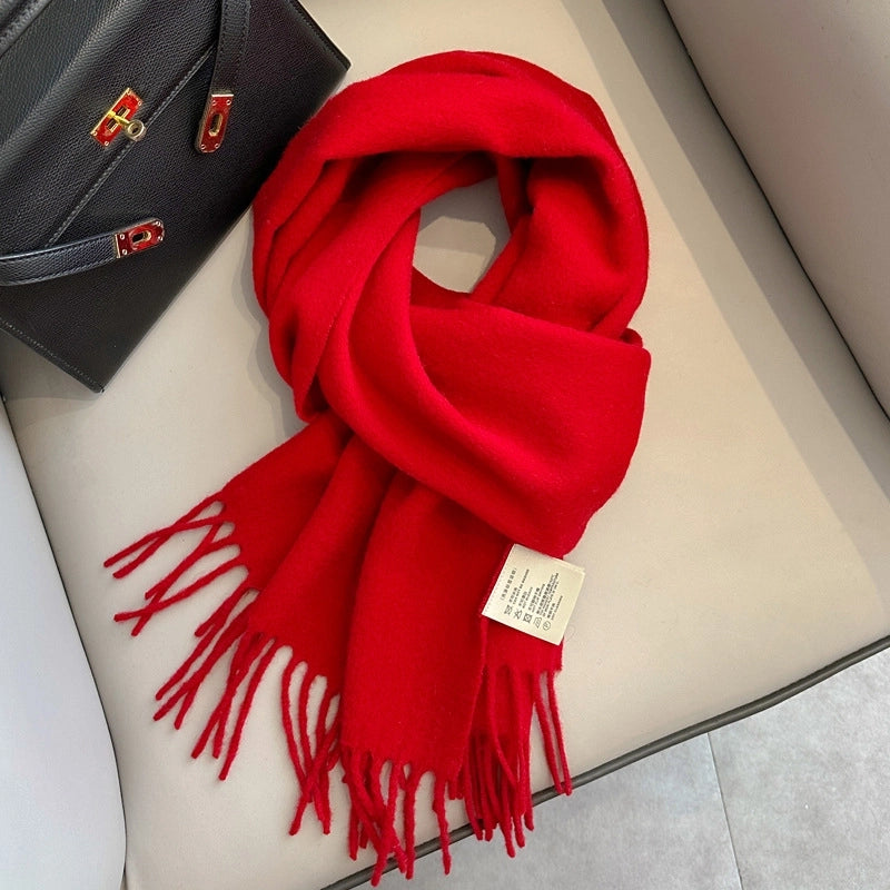 White Pure Wool Scarf Female Winter Student Warm Scarf New Versatile Tassel Narrow Scarf Couple