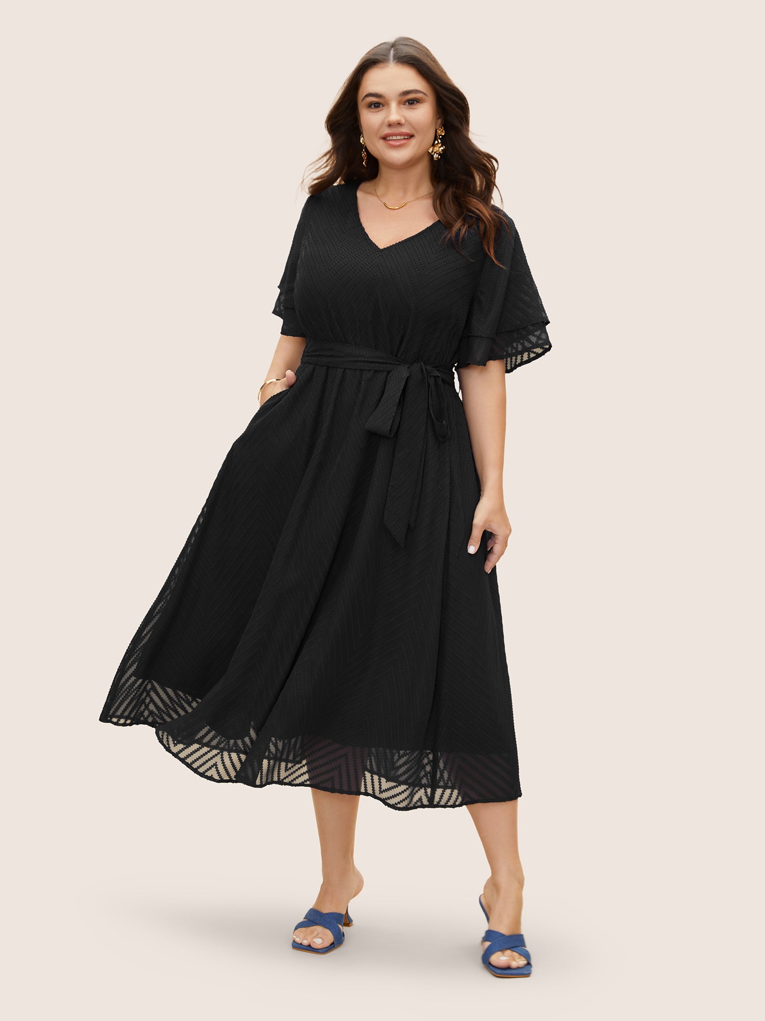 Texture Tiered Ruffle Sleeve See Through Dress