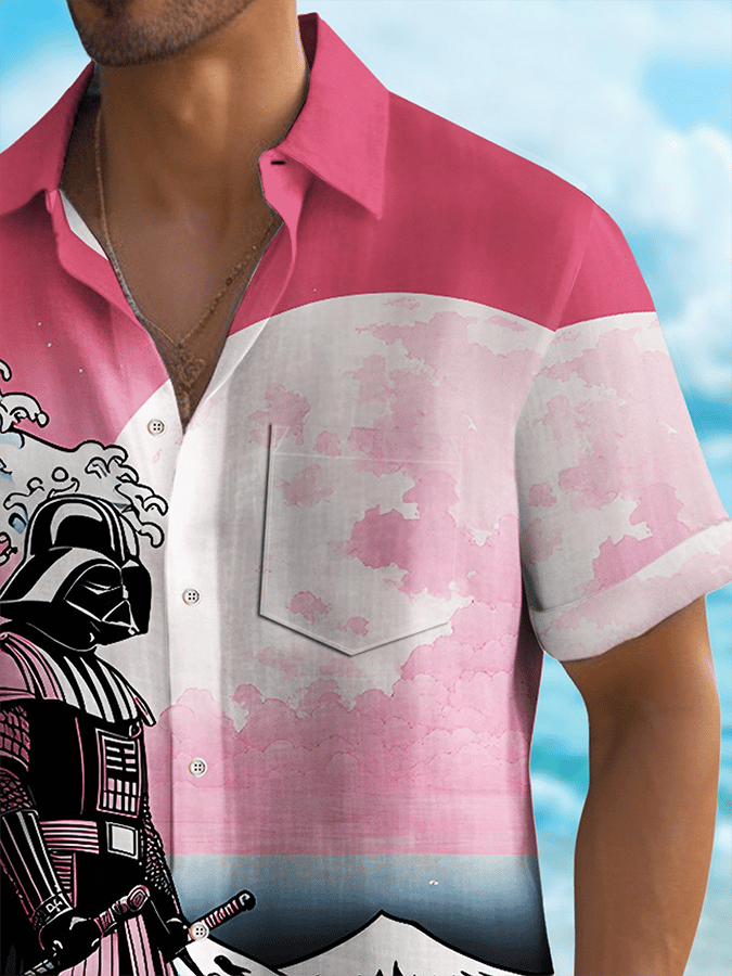 Men's Hawaiian Ukiyoe Wave Samurai Print Pocket Shirt