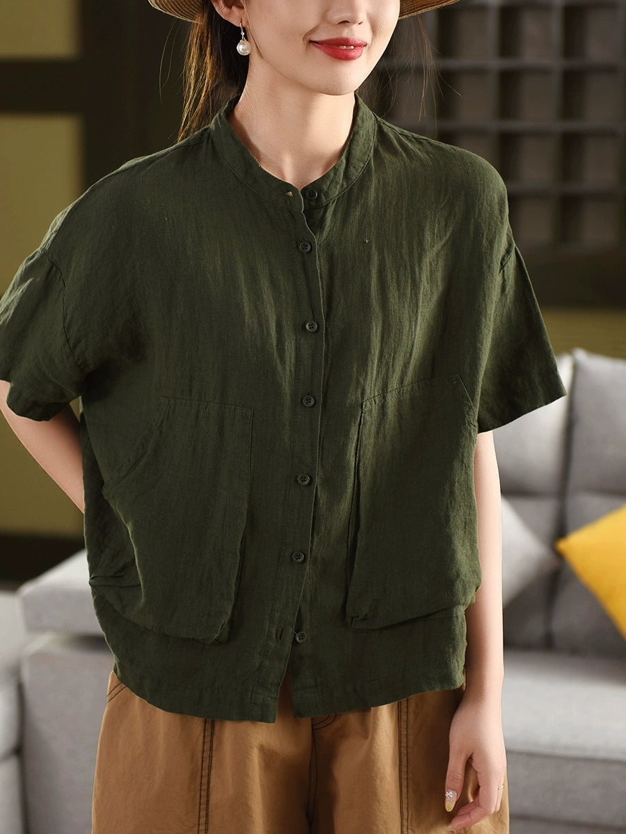 Women Summer Pure Color Stand Collar 100%Linen Shirt