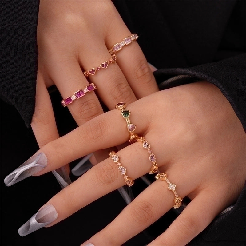 Copper Gold Plated IG Style Minimalist Plating Inlay Heart Shape Flower Zircon Open Rings