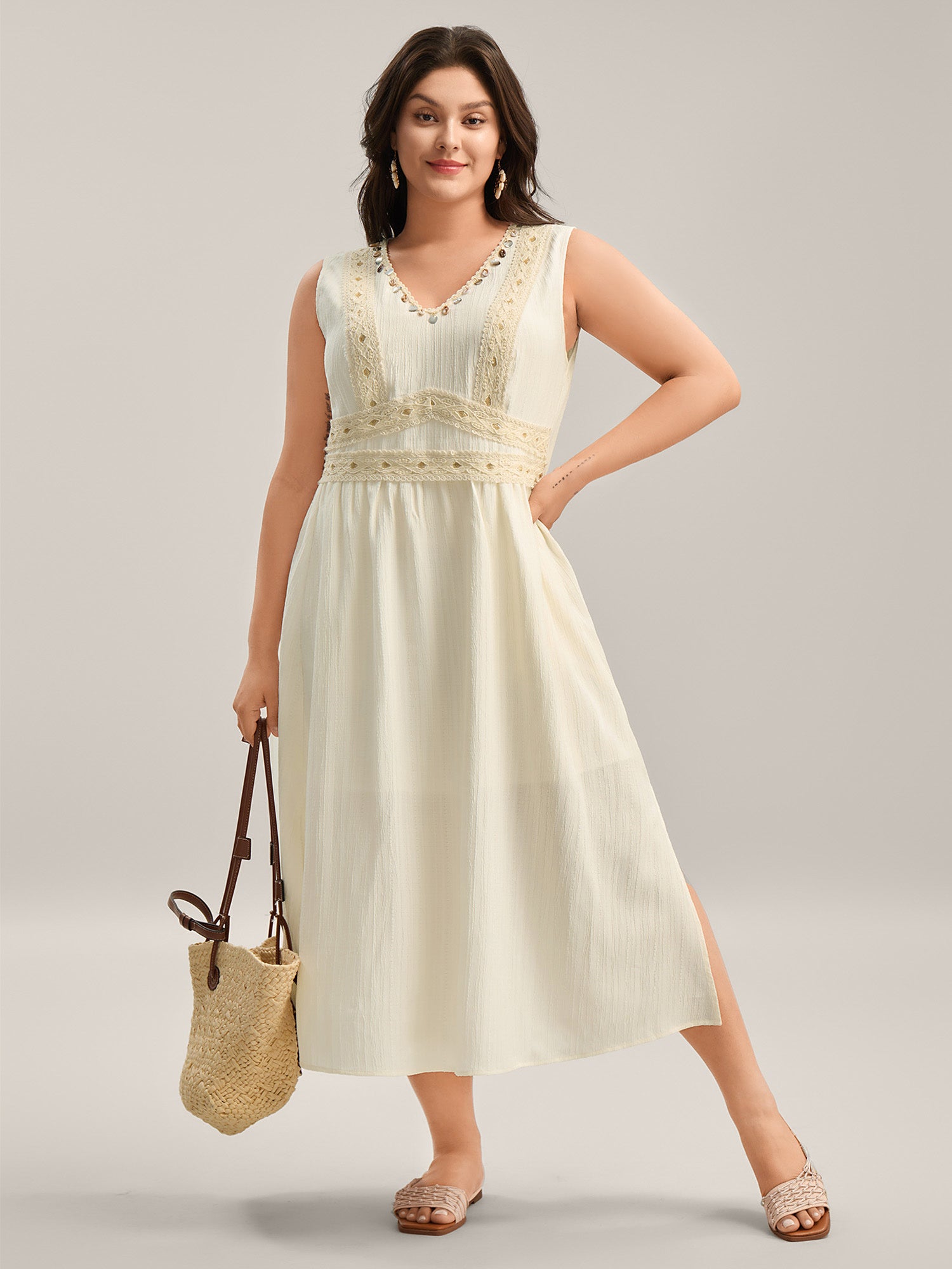 Textured Solid Lace Trim Midi Dress