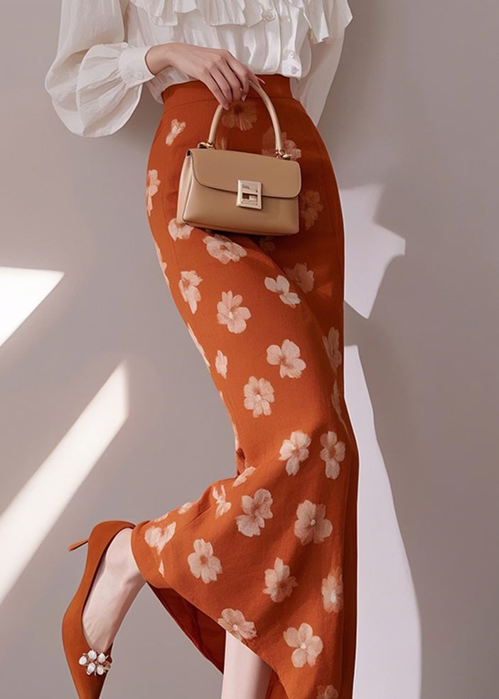 Slim Fit Orange Print High Waist Cotton Skirts Summer