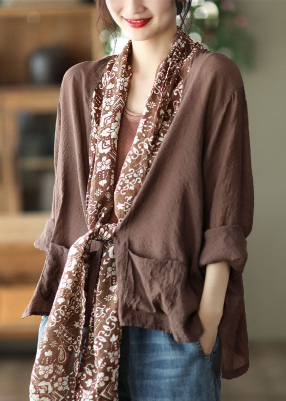 Coffee Colorblock Pockets Print Linen UPF 50+ Coat Long Sleeve