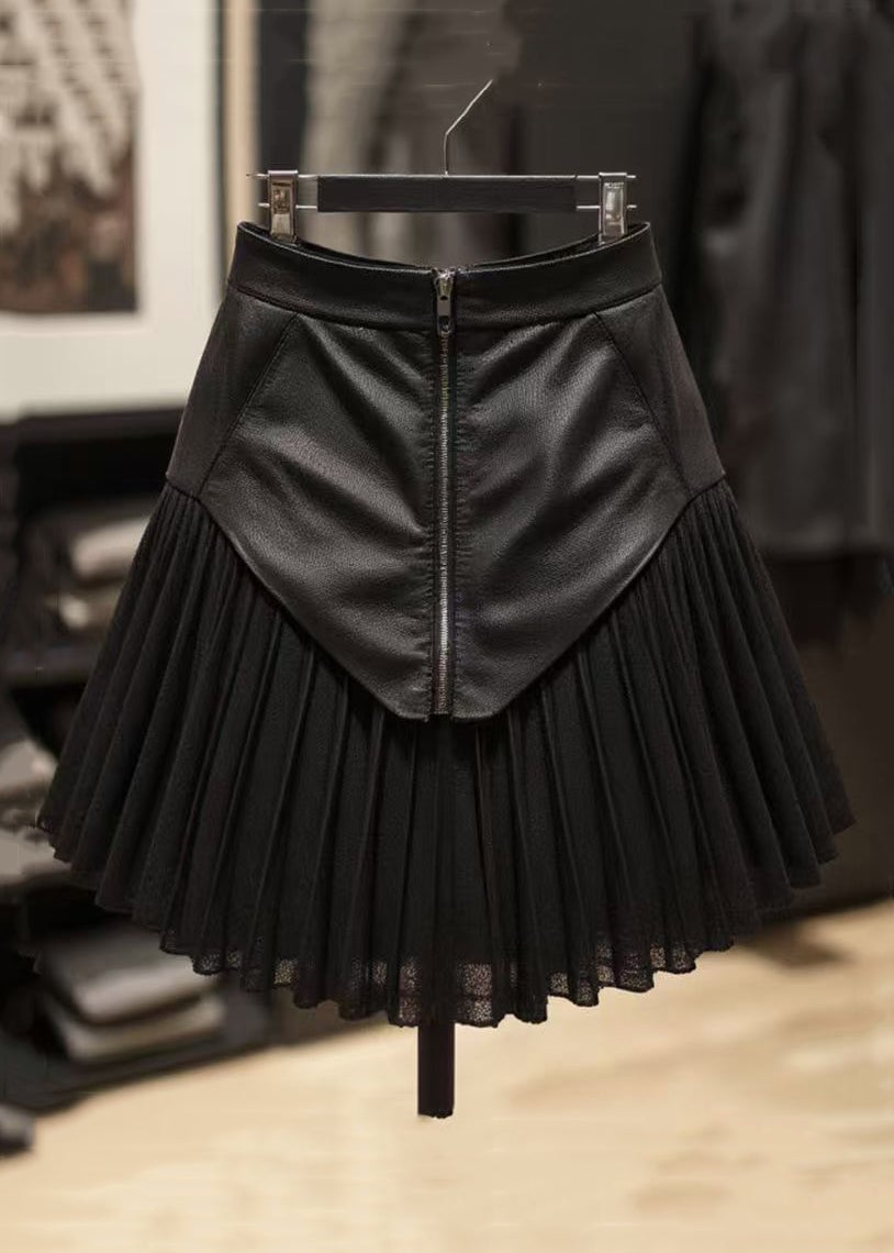 Stylish Black Zippered Wrinkled Patchwork Faux Leather Skirt Summer