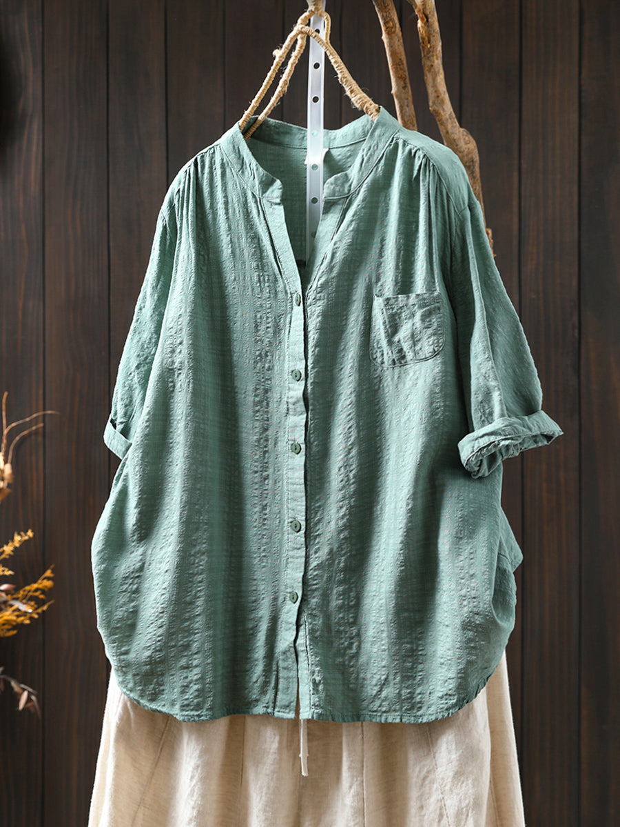 Women Summer Artsy Plaid V-Neck Cotton Shirt