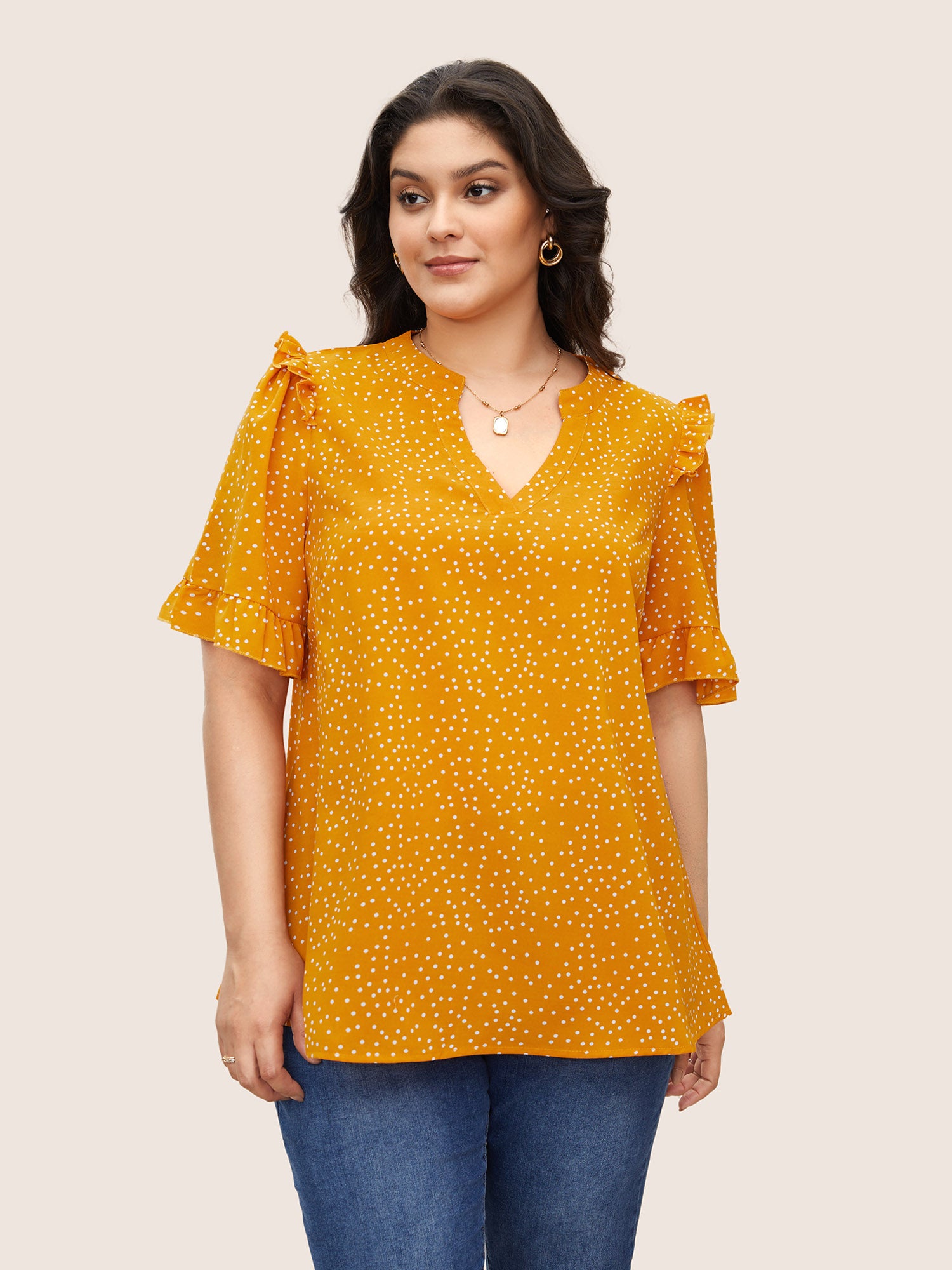 Polka Dot V Neck Ruffle Trim Blouse