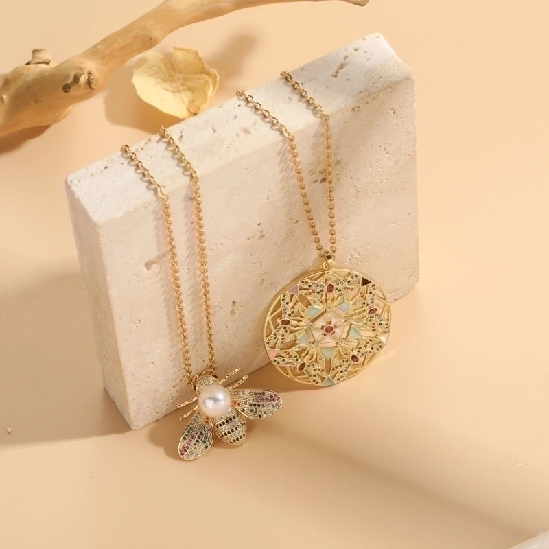 304 Stainless Steel Copper Lady Irregular Plating Inlay Insect Artificial Pearls Zircon Pendant Necklace