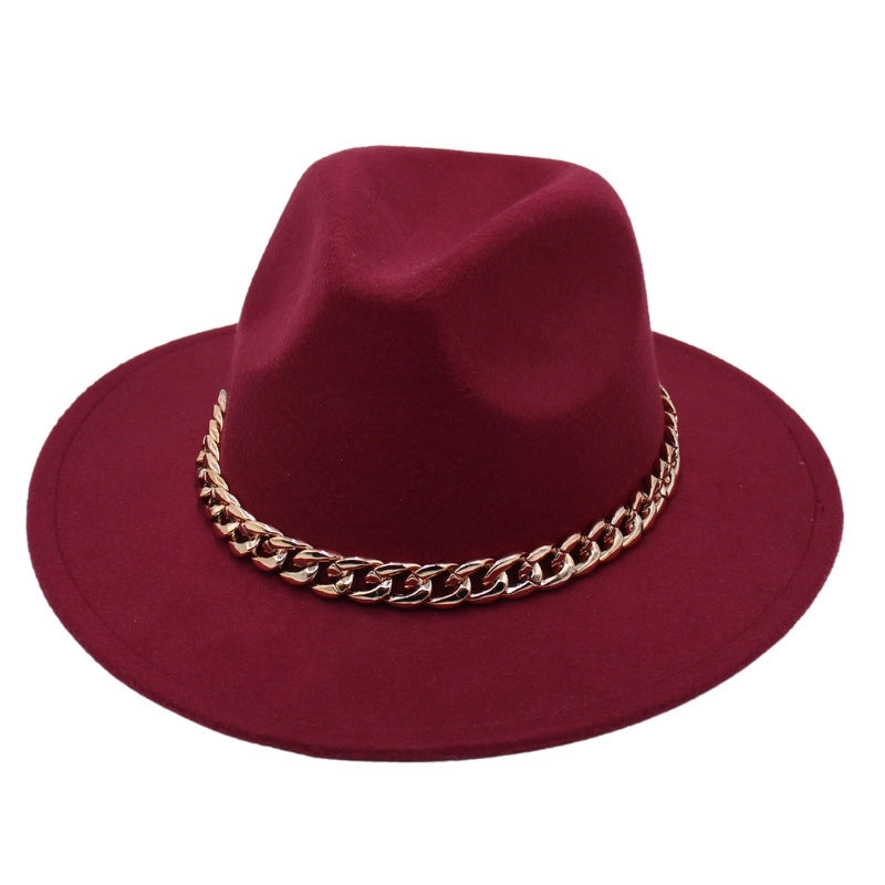 Chain Accessories Panama Hat Autumn And Winter  Jazz Woolen Hat Women's Fashion Big Brim Soft Felt Hat