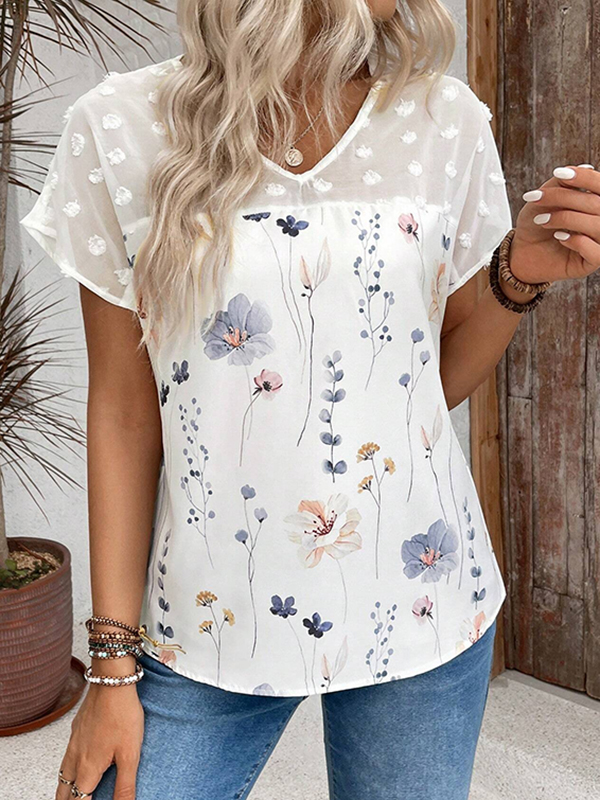 Loose Short Sleeves Flower Print Jacquard Split-Joint V-Neck T-Shirts Tops