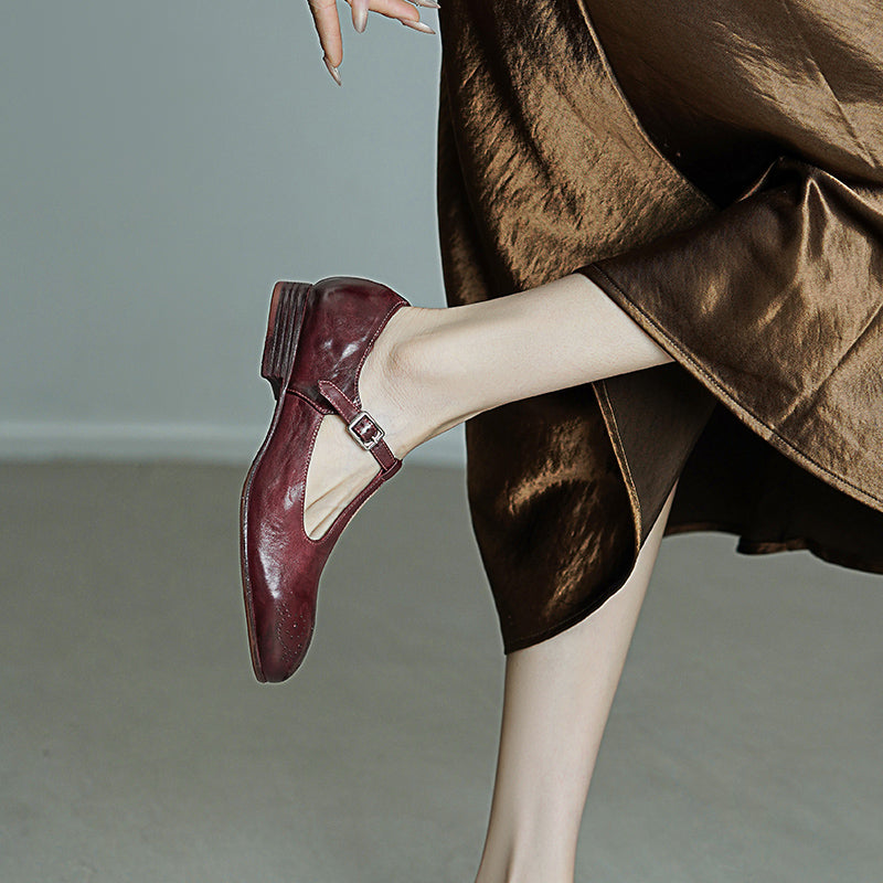 Vintage Washed Horse Leather T-Strap Brogue Mary Jane Shoes in Red/Black/Brown