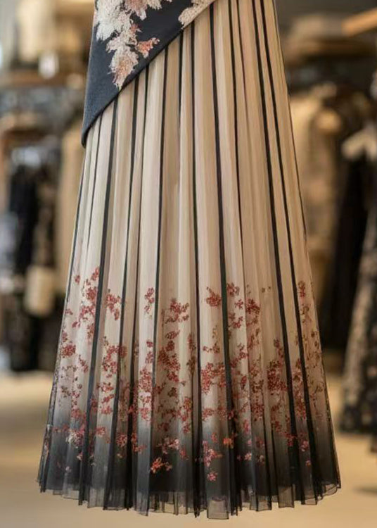 Retro Black Print Wrinkled Patchwork Chiffon Skirts Summer