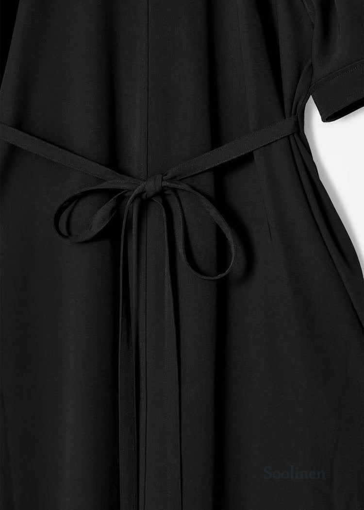 Boho Black Puff Sleeve Tie Waist Cotton Party Dress