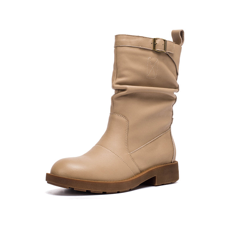Soft?Leather Mid Calf Boots Fold Design Riding Boots Short Plush Lined For Winter