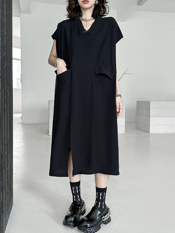 Loose Short Sleeves Asymmetric Solid Color Split-Joint Split-Side V-Neck Midi Dresses