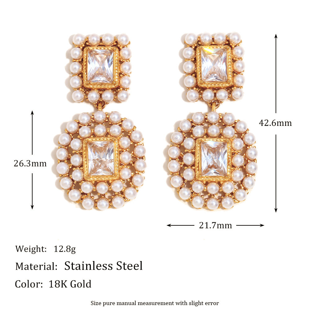 Simple And Versatile Design Stainless Steel Plated With 18K Gold Three-Dimensional Hollow Flower Oval Pearl Zircon