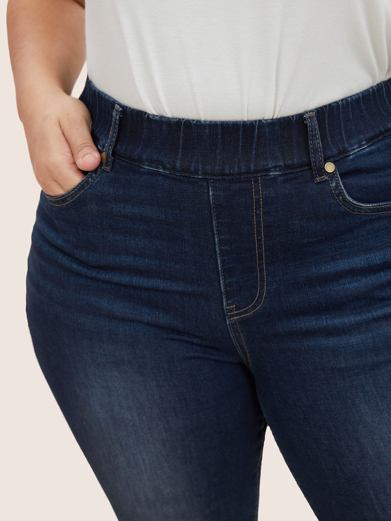 Dark Wash Elastic Waist Roll Hem Jeans