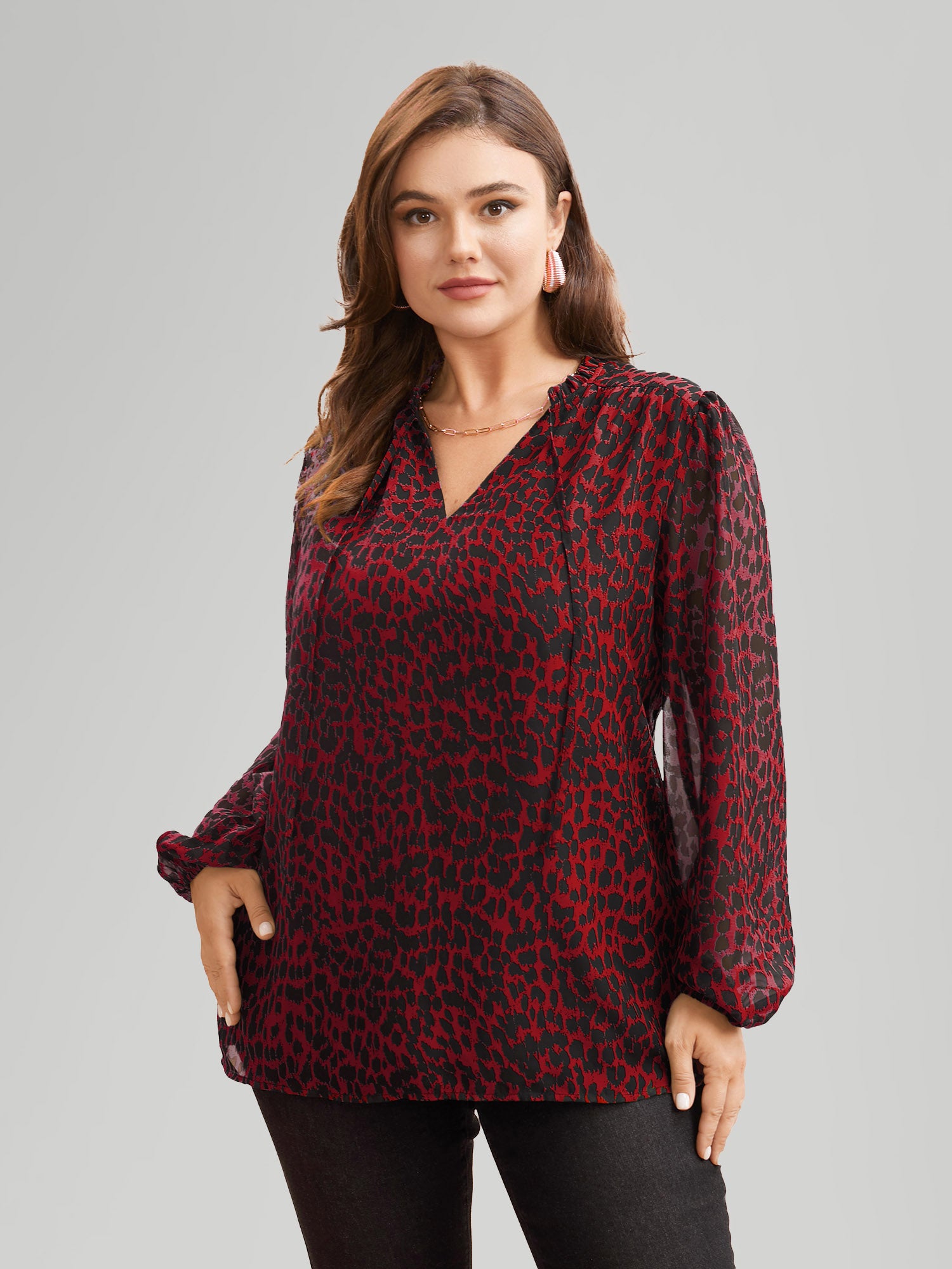 Leopard Print Tie Knot Lantern Sleeve Blouse