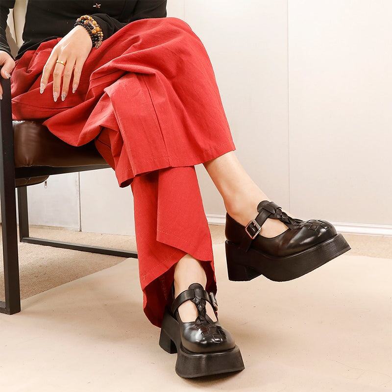 Woven T-Strap 52mm Washed Cowhide Platform Mary Jane Shoes in Black/Pink Purple