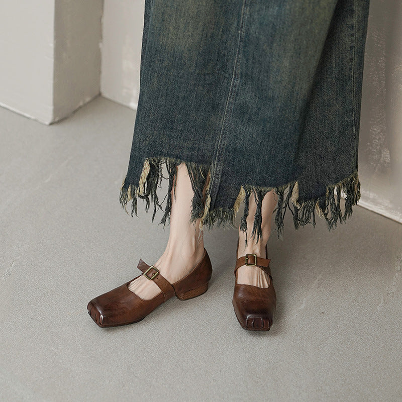 Elegant Square-Toe Horse Leather Mary Jane Shoes with Block Low Heel Buckle Apricot/Black/Brown