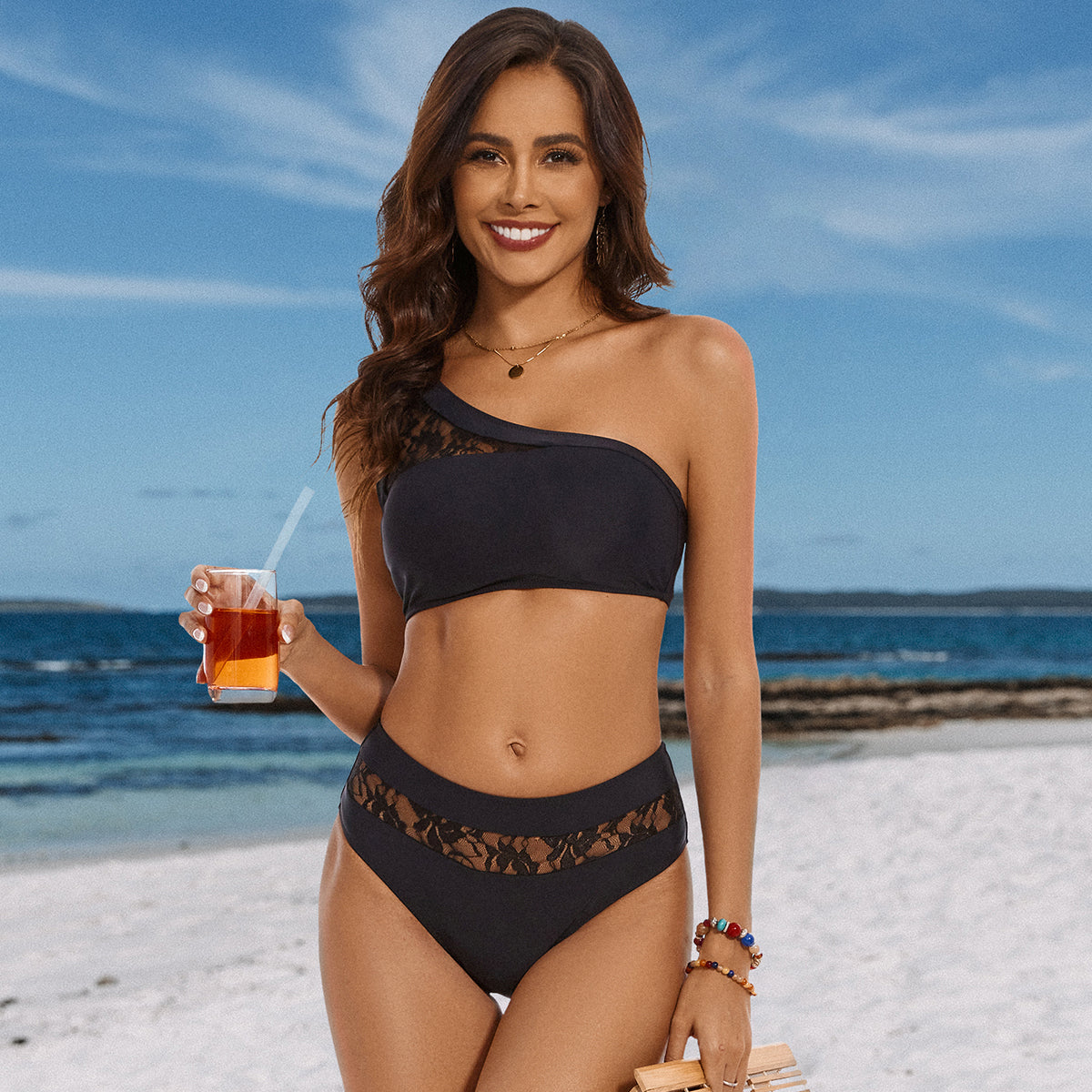 One Shoulder Lace Patchwork Bikini Set