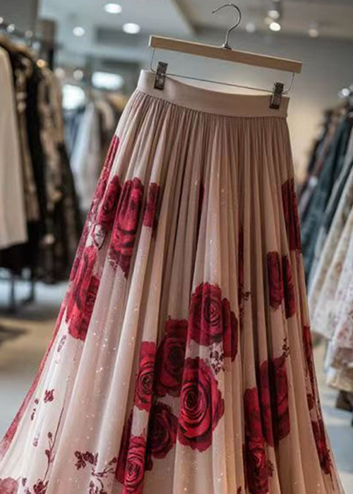 New Pink Print Wrinkled Chiffon Skirt Summer