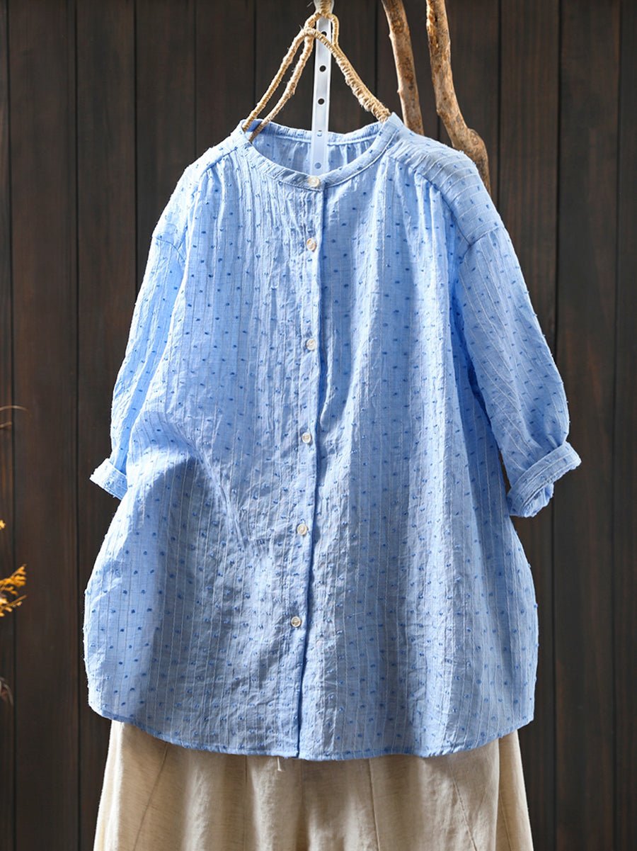 Women Summer Dot Jacquard Stand Collar 100%Cotton Shirt