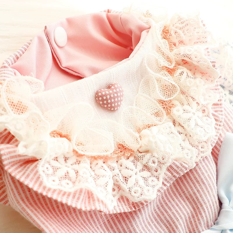 Sweet Lace Collar Striped Bow Dog Cat Dress