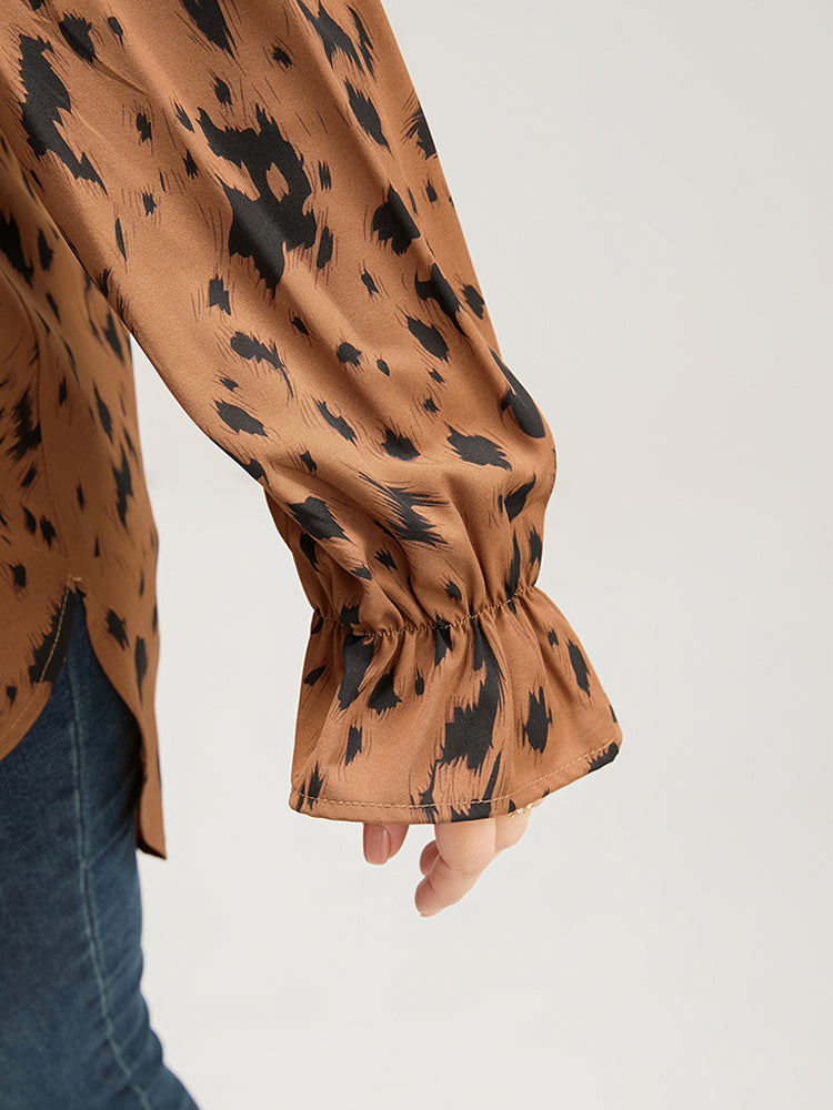 Leopard Print Button Up Split Hem V Neck Blouse