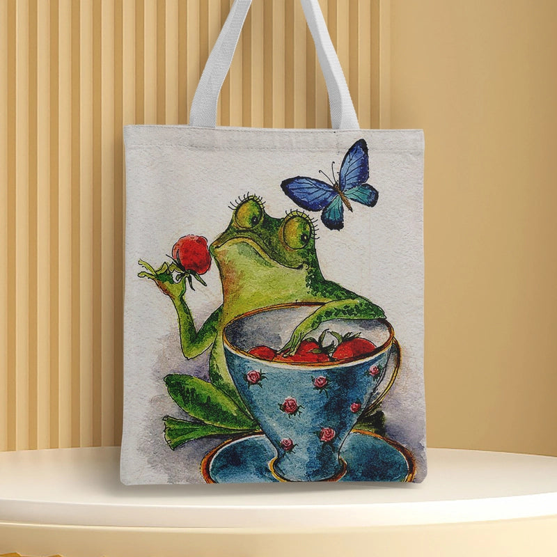 Women's Medium Canvas Frog Basic Classic Style Square Open Canvas Bag