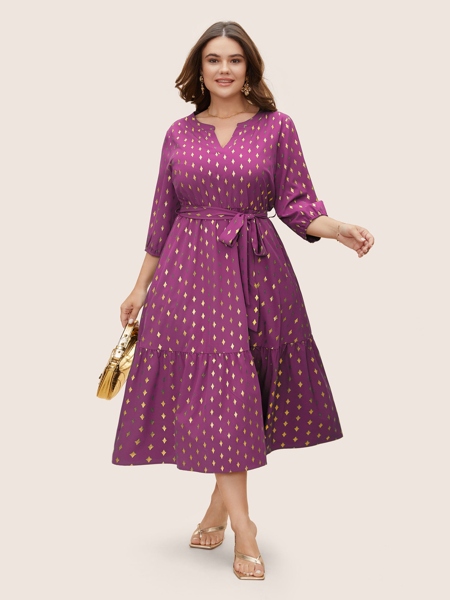 Glitter Notched Lantern Sleeve Midi Dress