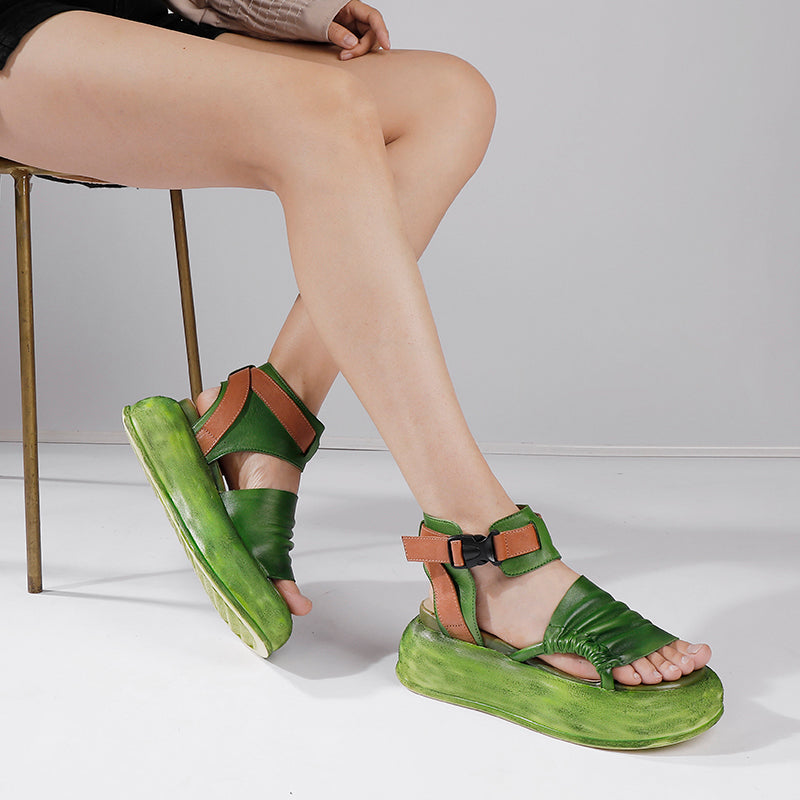 Fashion Peep Toe 65mm Platform Cowhide Slingback Sandals for Women with Buckle in Green/Black