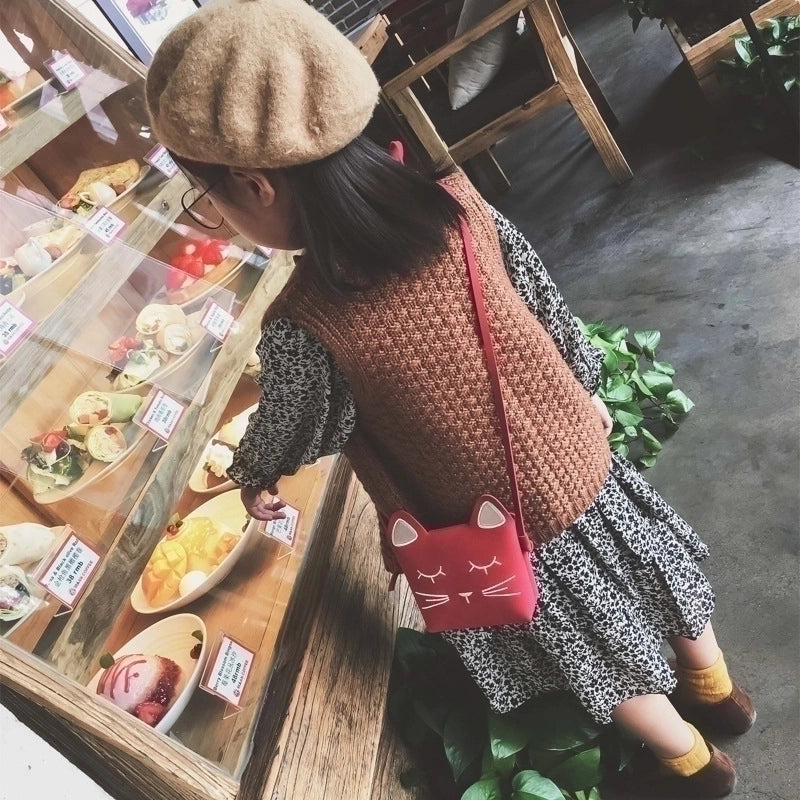 Kid'S Pu Leather Cat Solid Color Cute Square Zipper Crossbody Bag