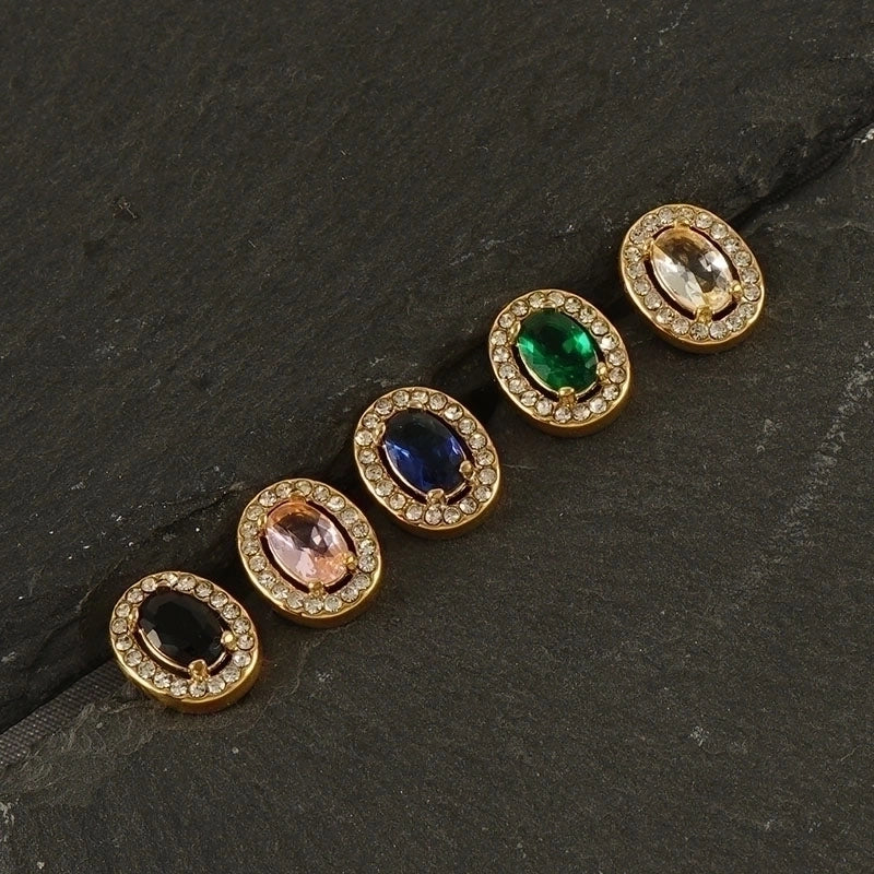 1 Pair Shiny Oval Inlay Stainless Steel Zircon 18K Gold Plated Ear Studs