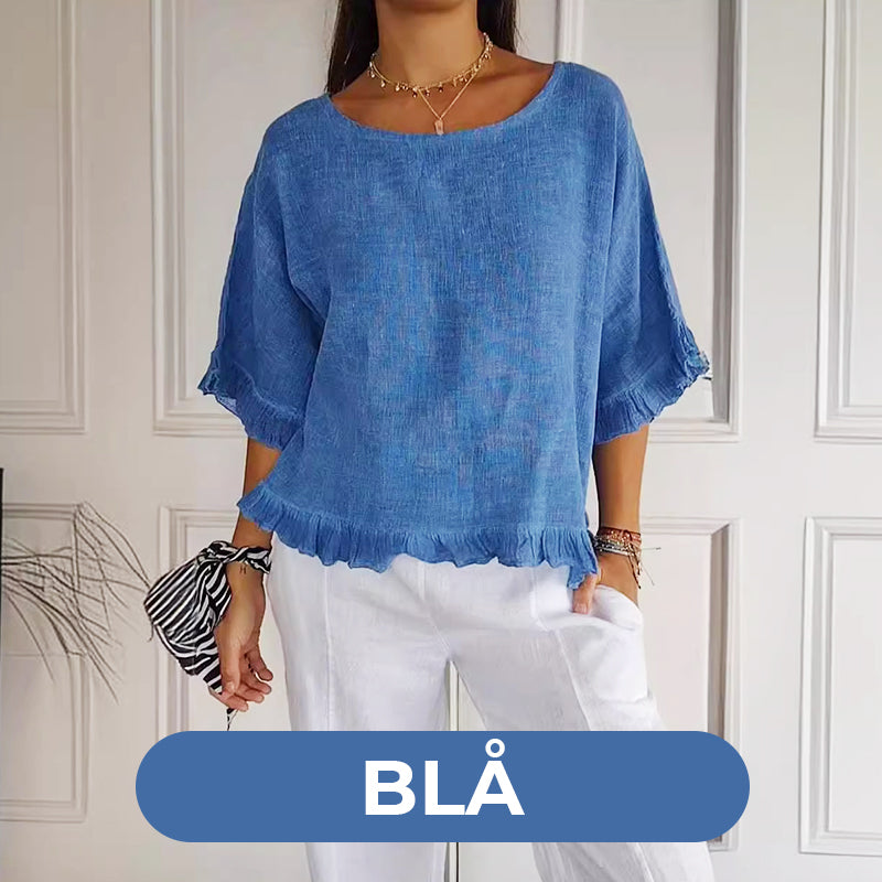 🔥🎁Round Neck Ruffled Hem Mid-sleeve Cotton and Linen Top