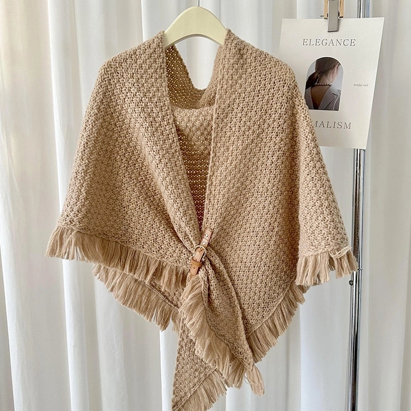 Autumn And Winter New Tassel Cape Shawl Versatile Thick Warm Neck Protection Solid Color Knotted Scarf Outer Waistcoat
