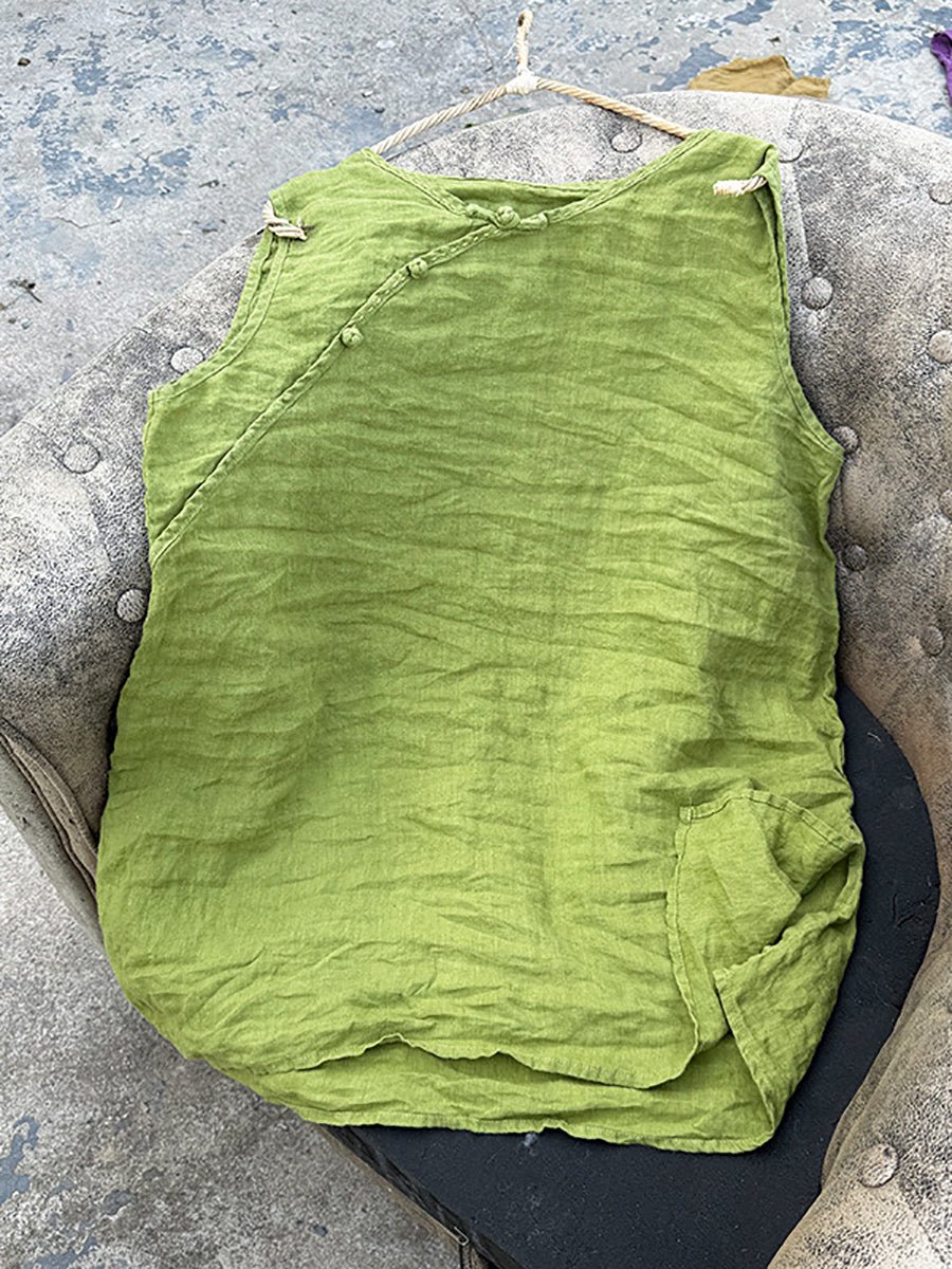 Women Summer Pure Color O-Neck 100%Linen Vest