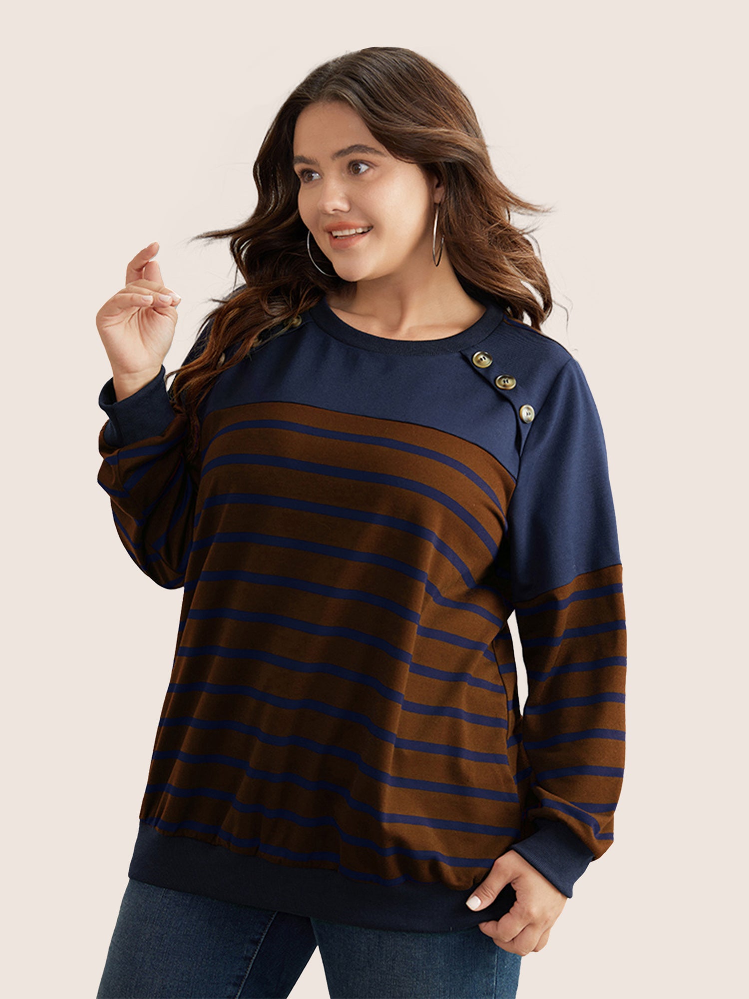 Striped Patchwork Button Detail Sweatshirt