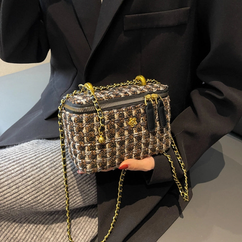 Women's Canvas Plaid Elegant Sewing Thread Square Zipper Shoulder Bag Crossbody Bag Square Bag