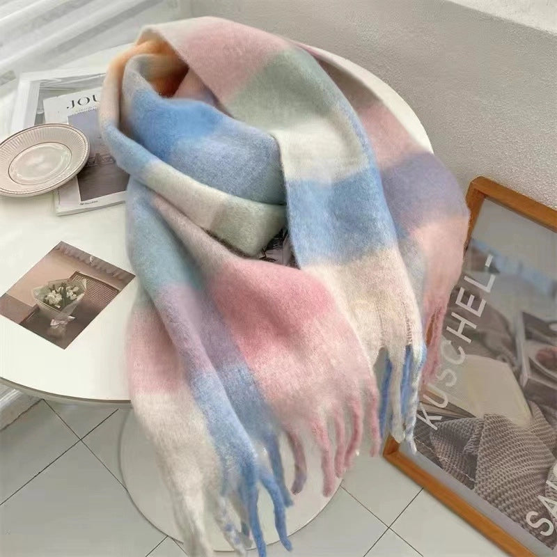 Latest Mohair Striped Tassel Scarf Fashion Geometric Gradient Shawl Versatile Thickened Scarf