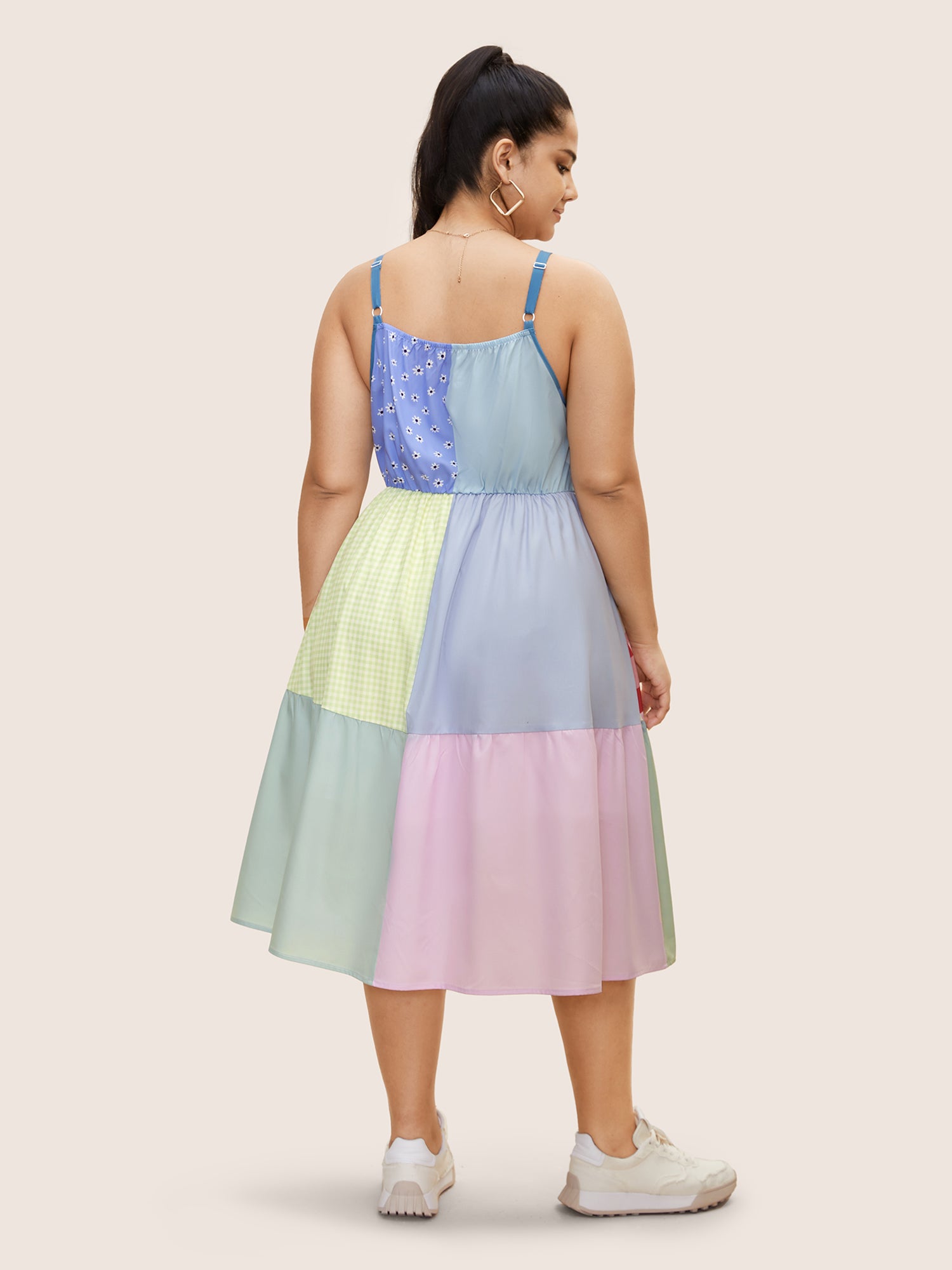 Overlap Collar Plaid Patchwork Midi Dress