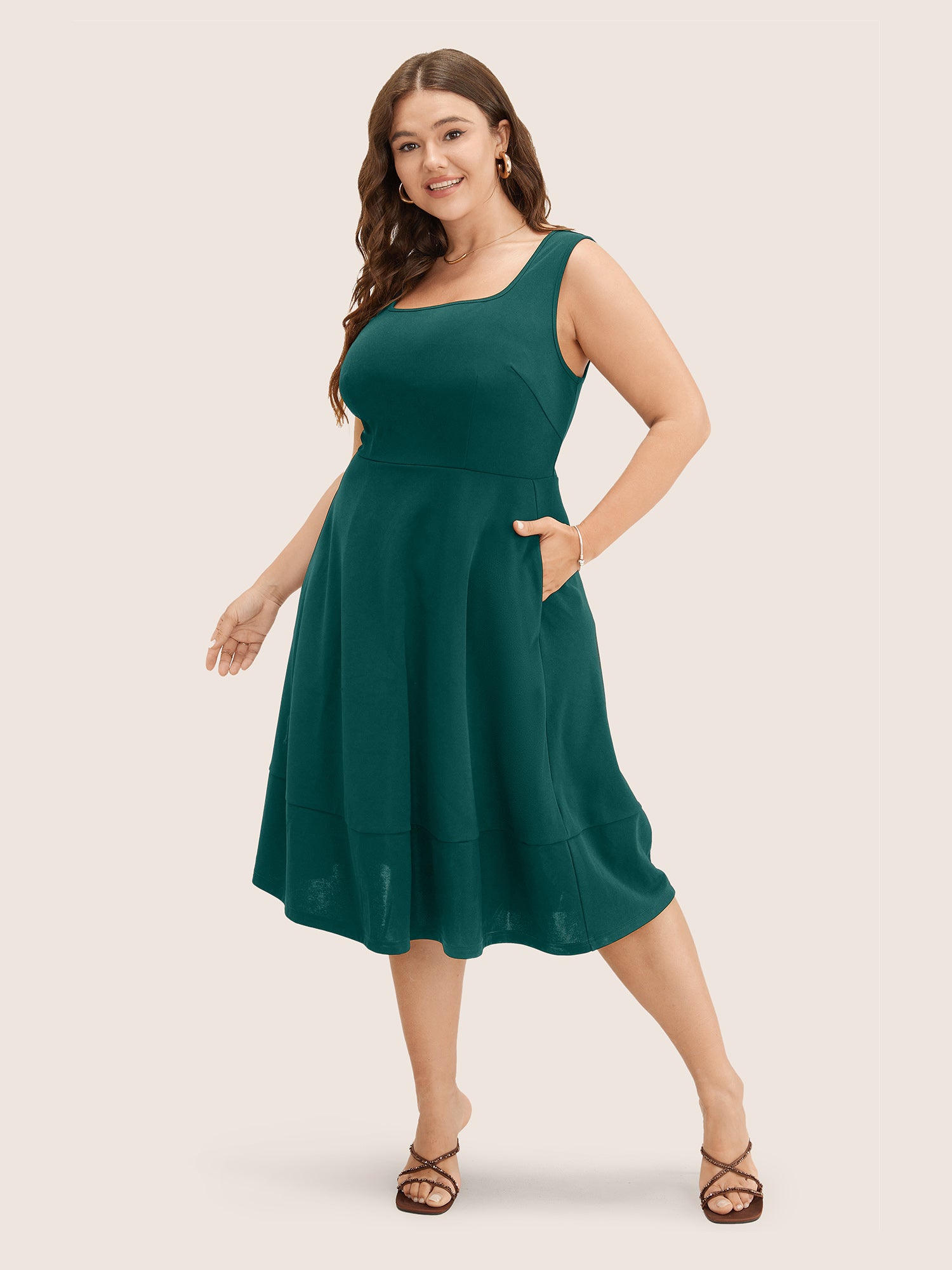 Solid Pocket Sleeveless Ruffle Hem Tank Dress