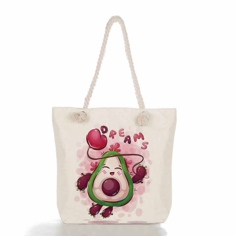 Women's Medium Linen Fruit Cute Classic Style Square Zipper Tote Bag Beach Bag