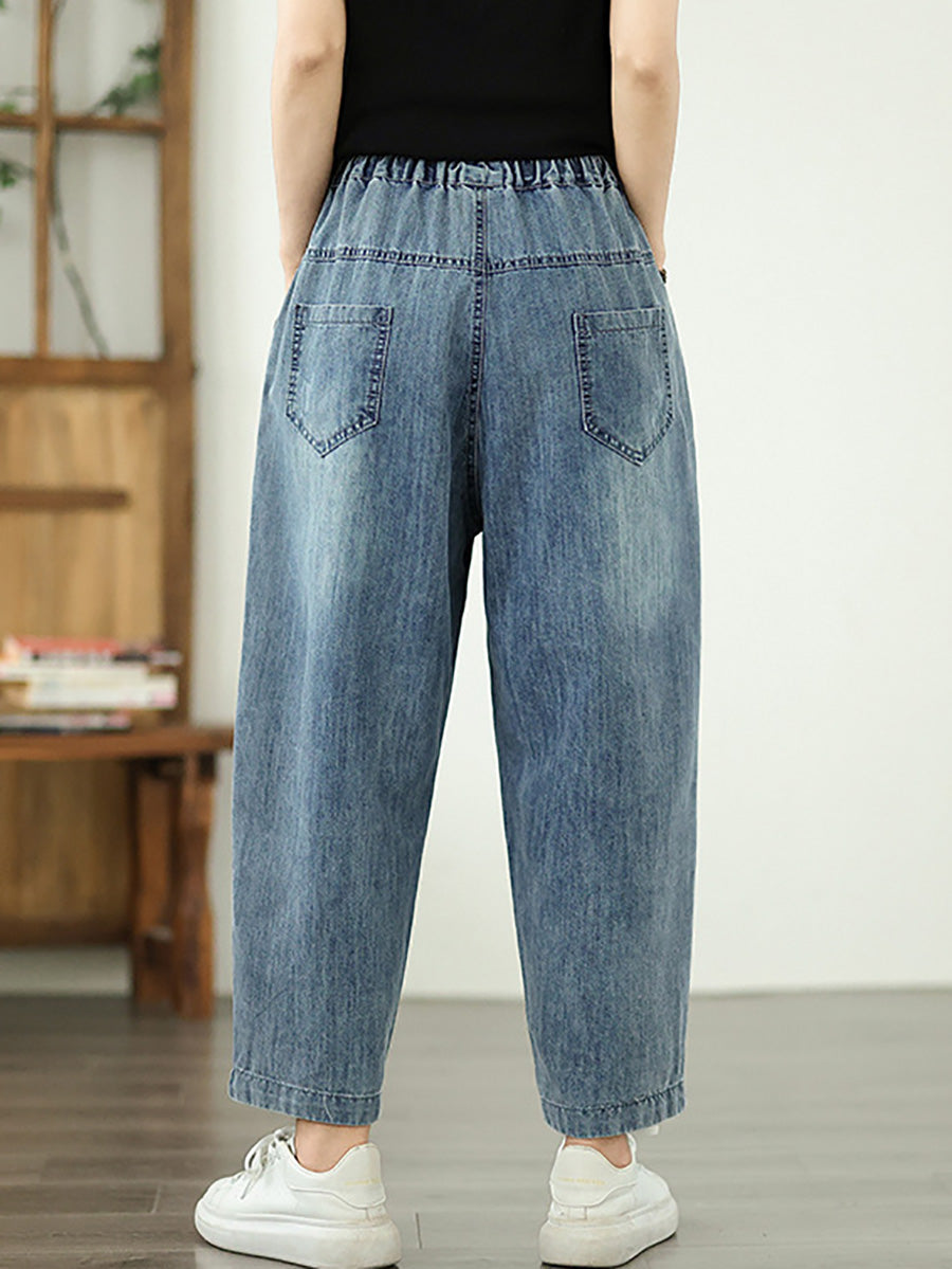 Women Spring Flower Embroidery Denim Harem Pants